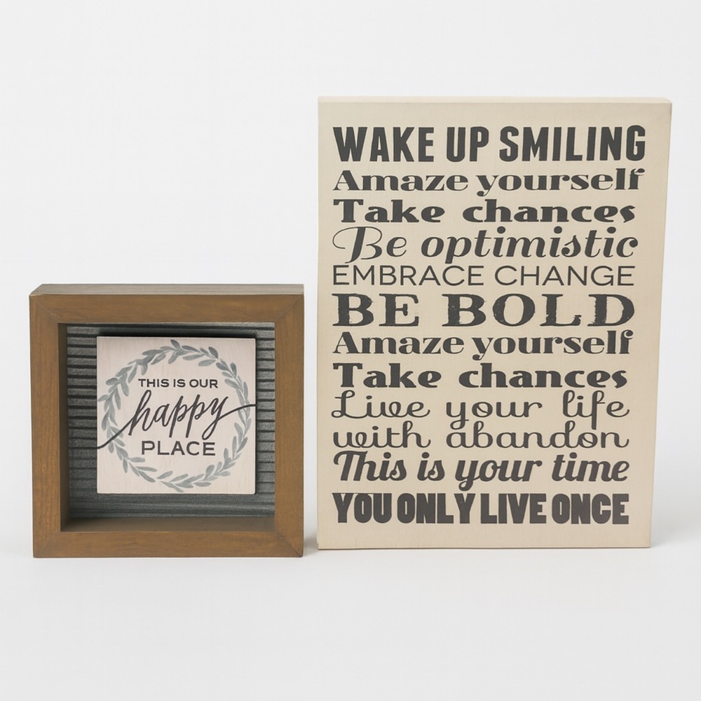 Wooden Sign Duo โ โThis Is Our Happy Placeโ & Inspirational Quote Block Decor - Picture 1 of 7